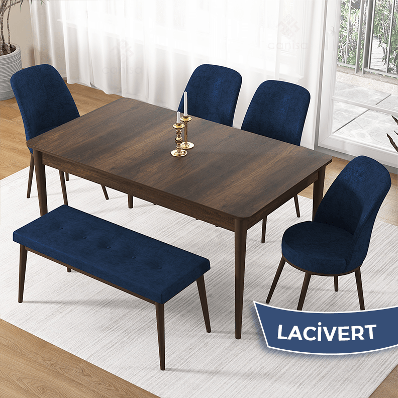 masa barok sandalye ve bench lacivert ayak kahve