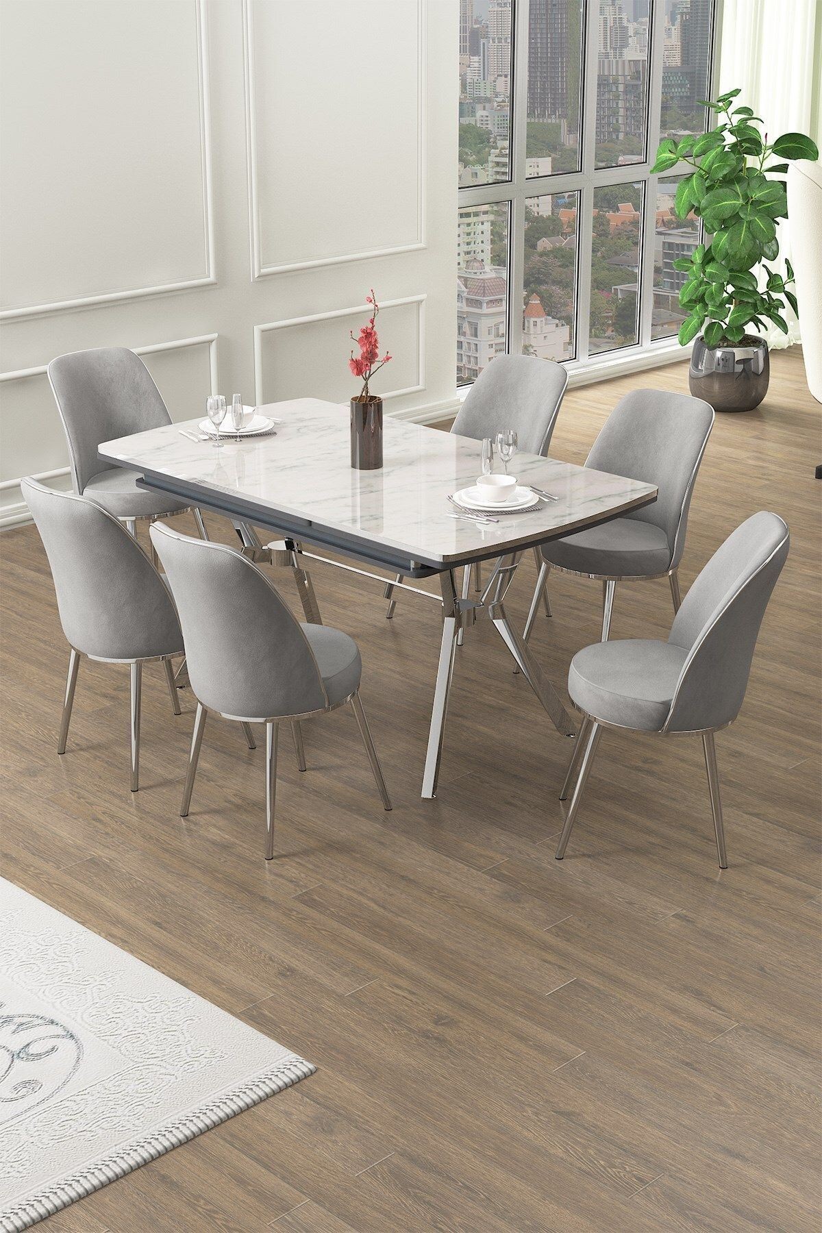 Poy Serisi 89x150 Açılabilir Lak Panel Beyaz Mermer Desen Masa Takımı 6 Gri Sandalye