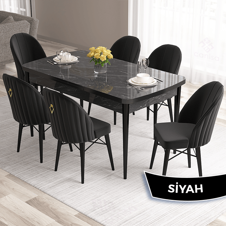 Roz Serisi 80x132 Mdf Açılabilir Gold Halka Siyah Mermer Desen Masa Takımı Ve 6 Sandalye