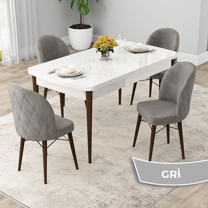 Rut Serisi 80x132 Açılabilir Beyaz Masa Ceviz Ayak Masa Takımı Ve 4 Sandalye