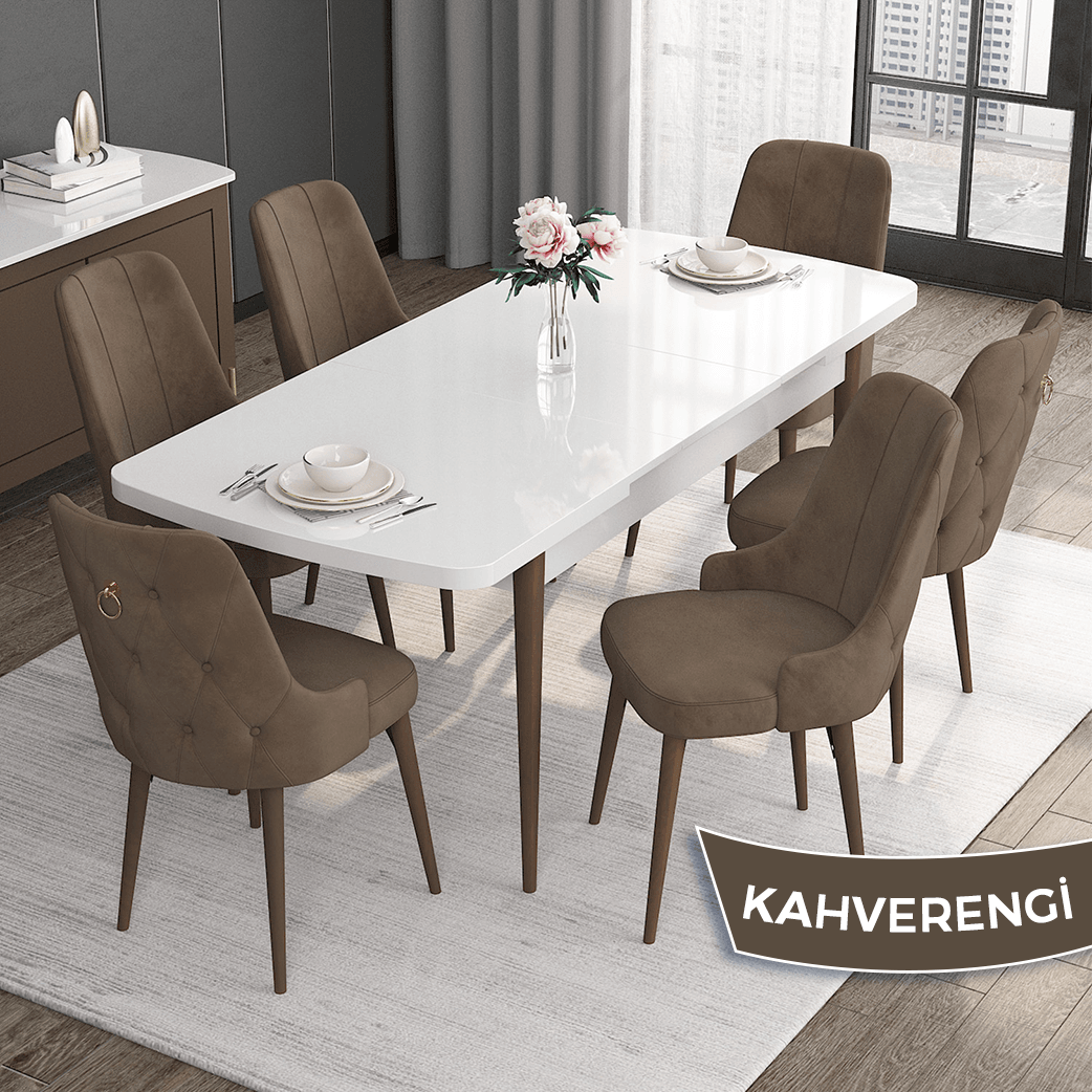 beyaz masa ceviz ayak sandalye kahve