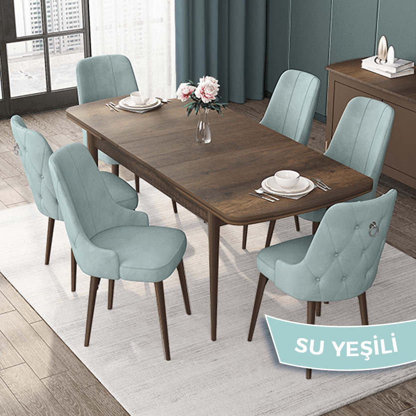 masa barok ahşap desen sandalye su yeşili