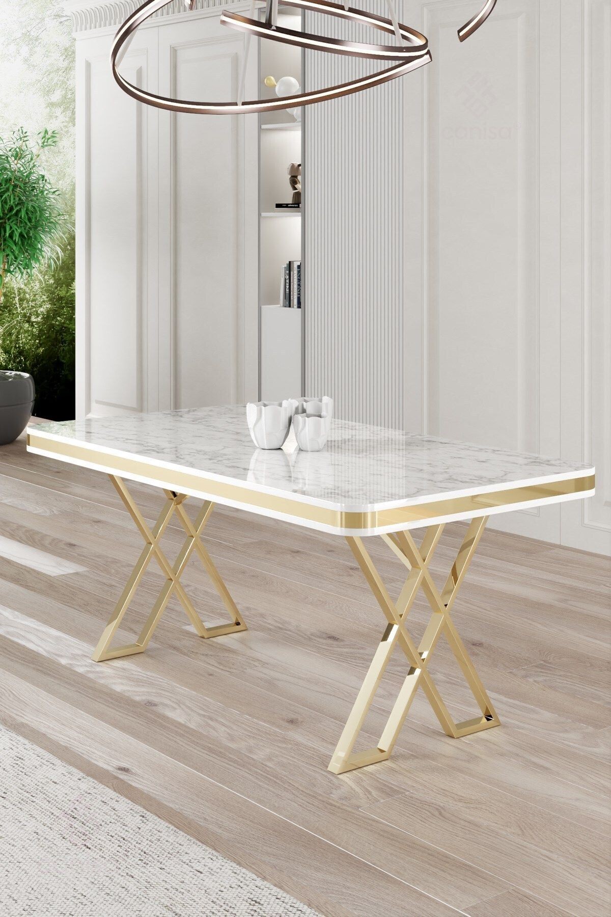 Rigel Serisi 80x130 Lak Panel Beyaz Mermer Desen Masa ve 4 Sandalye Gold Kaplama Ayak