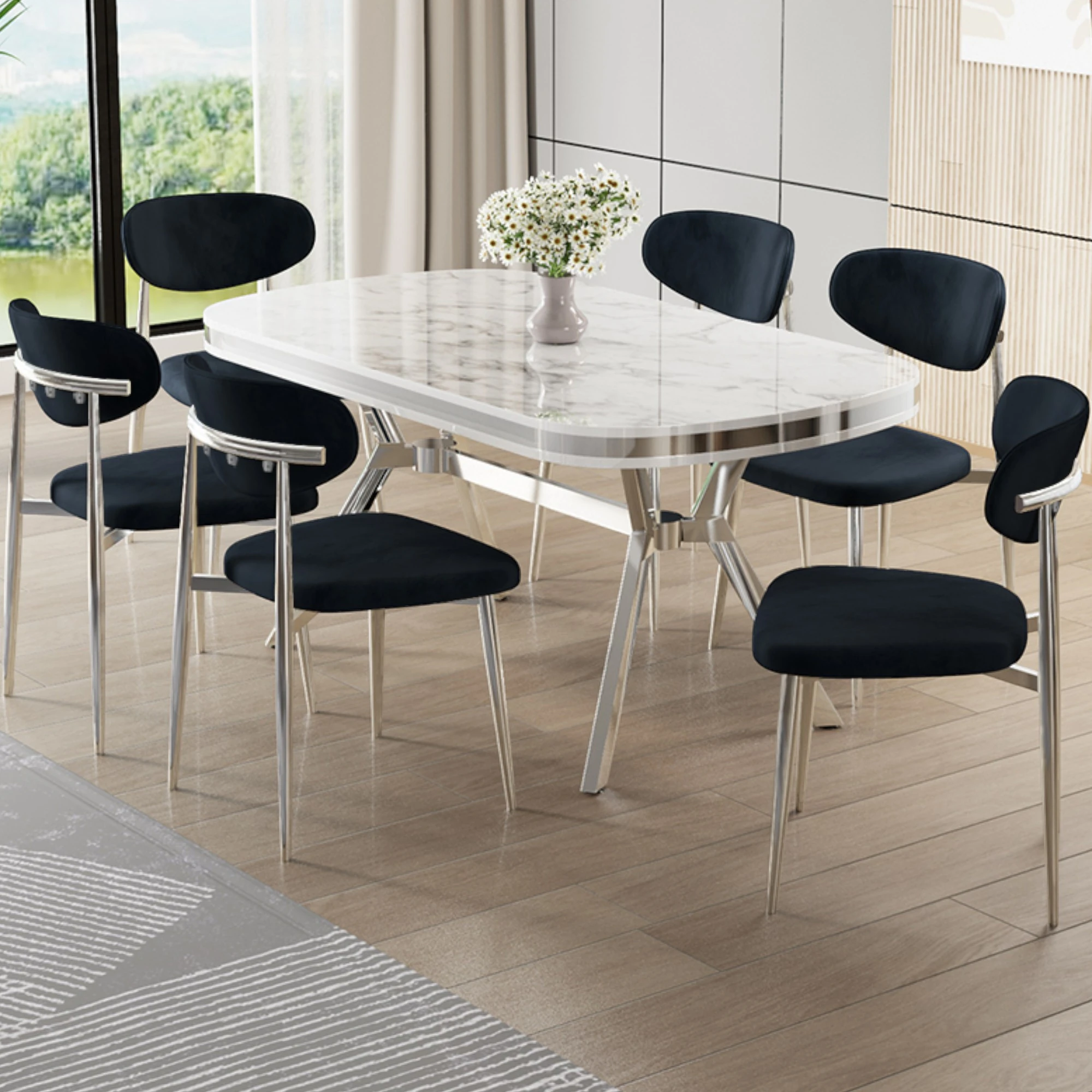 Beyaz Mermer Desen Masa Antrasit Sandalye Krom Ayak