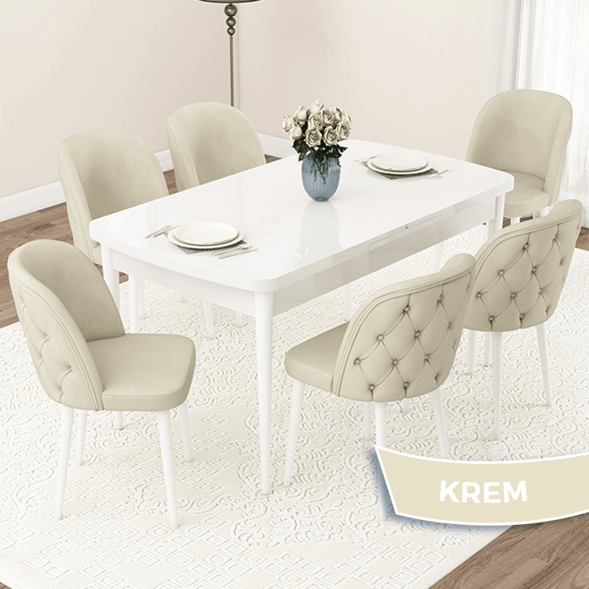 Jae Serisi 80x132 Açılabilir Beyaz Masa Takımı Ve 6 Sandalye