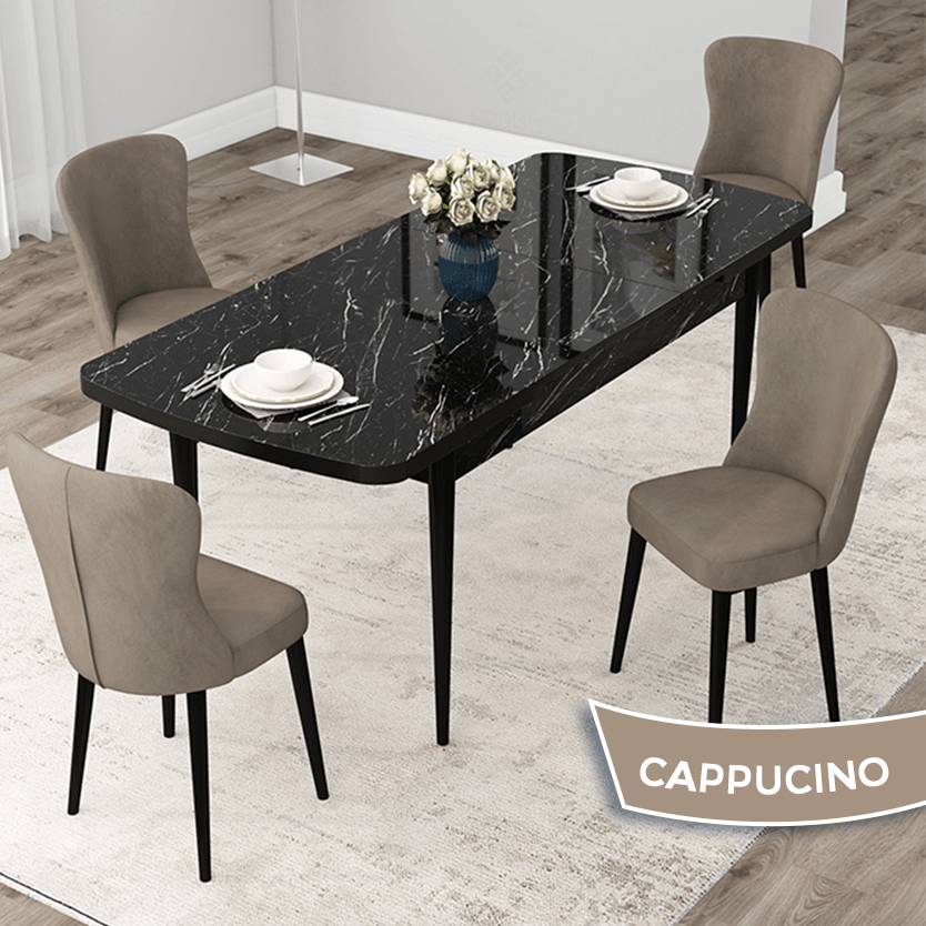 Due Serisi 80x132 Açılabilir Siyah Mermer Desen Masa Takımı Ve 4 Sandalye