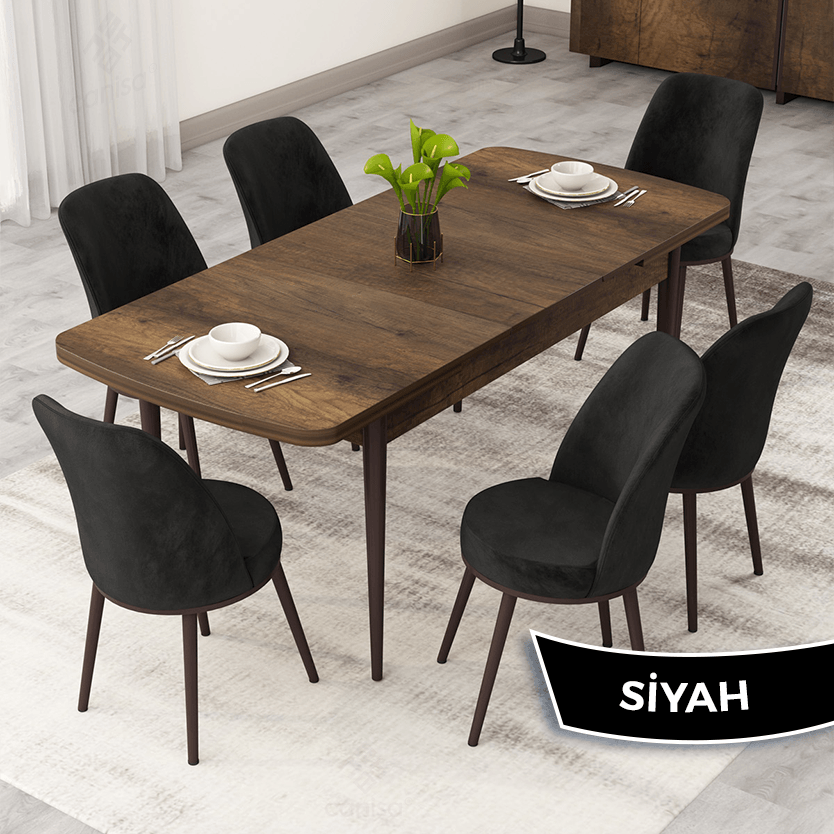 Nix Serisi 70x114 Açılabilir Barok Ahşap Desen Mutfak Masası Takımı ve 6 Sandalye