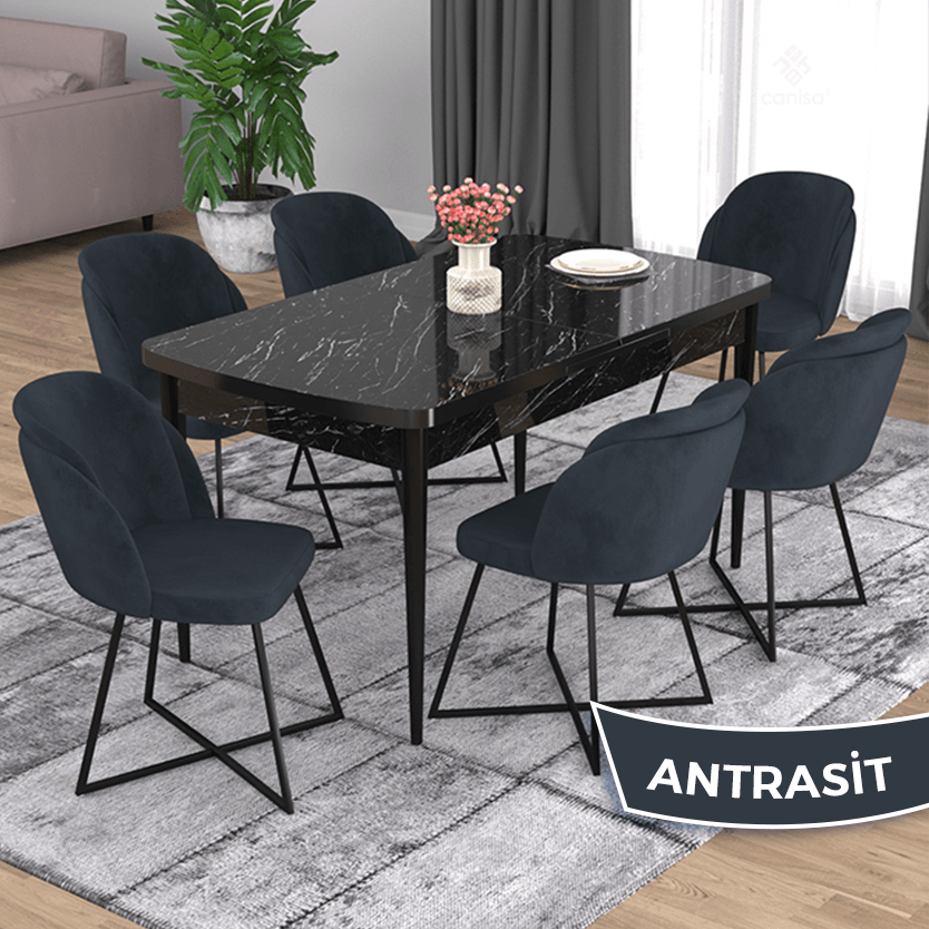 Oga Serisi 80x132 Açılabilir Siyah Mermer Desen Masa Takımı Ve 6 Sandalye