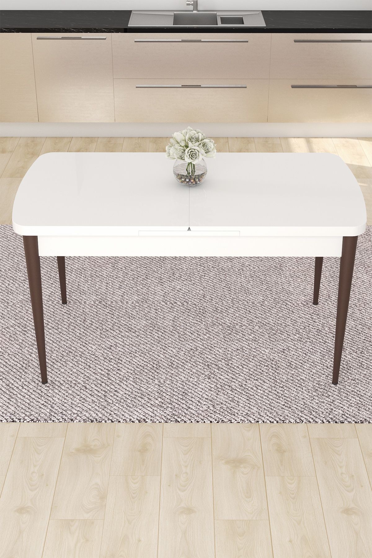Noa Serisi 80x132 Mdf Açılabilir Gold Halka Beyaz Masa Ceviz Ayak Masa Takımı Ve 6 Sandalye