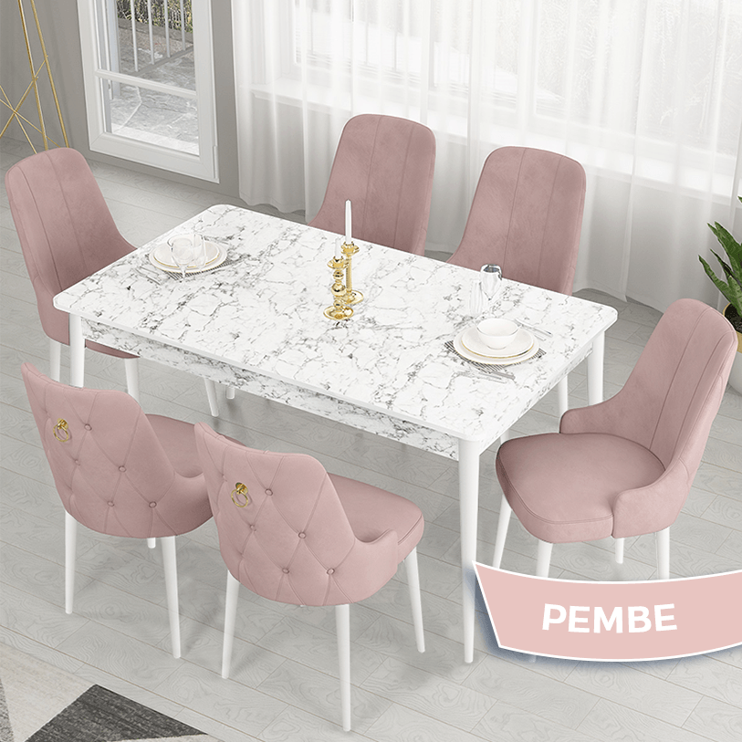 beyaz mermer masa,pembe sandalye