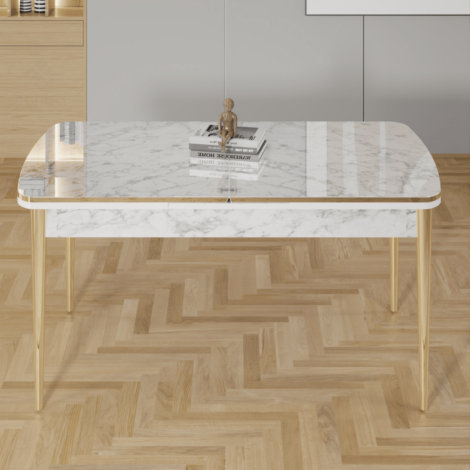 Rada Serisi 80x132 Açılabilir Lak Panel Beyaz Mermer Desen Masa 4 Sandalye Gold Detay