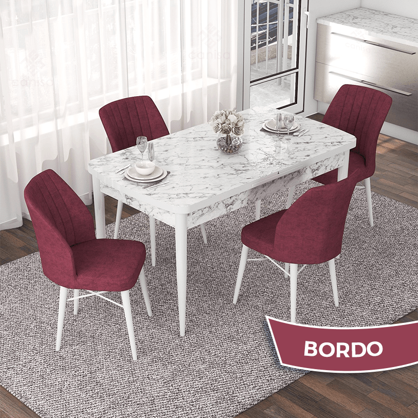 Masa Beyaz Mermer Desen Bordo Sandalye