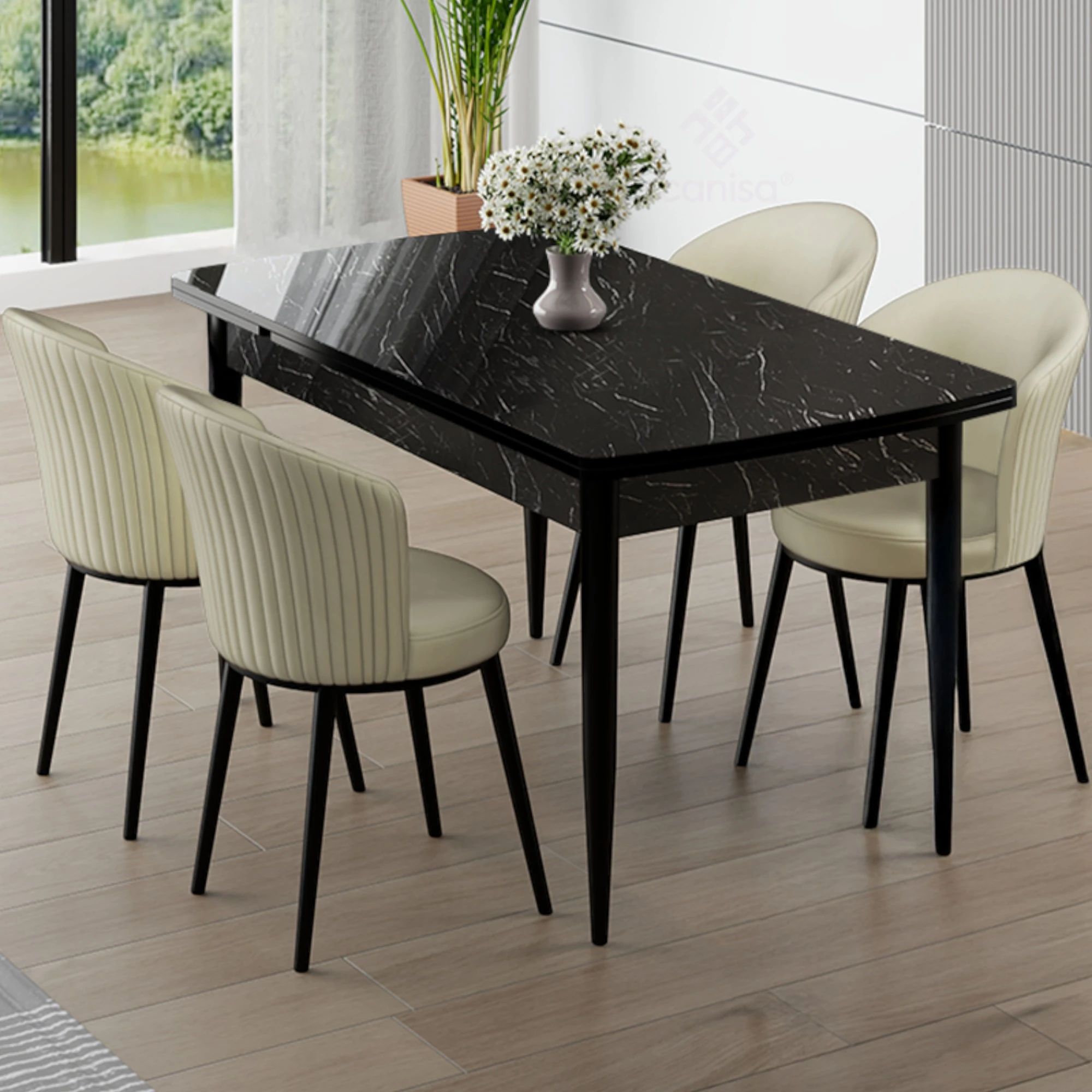 Siyah Mermer Desen Masa Krem Sandalye