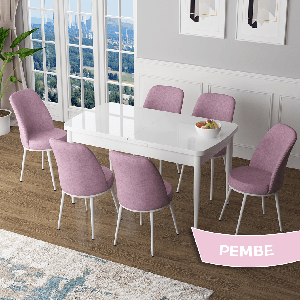 masa beyaz sandalyeler pembe