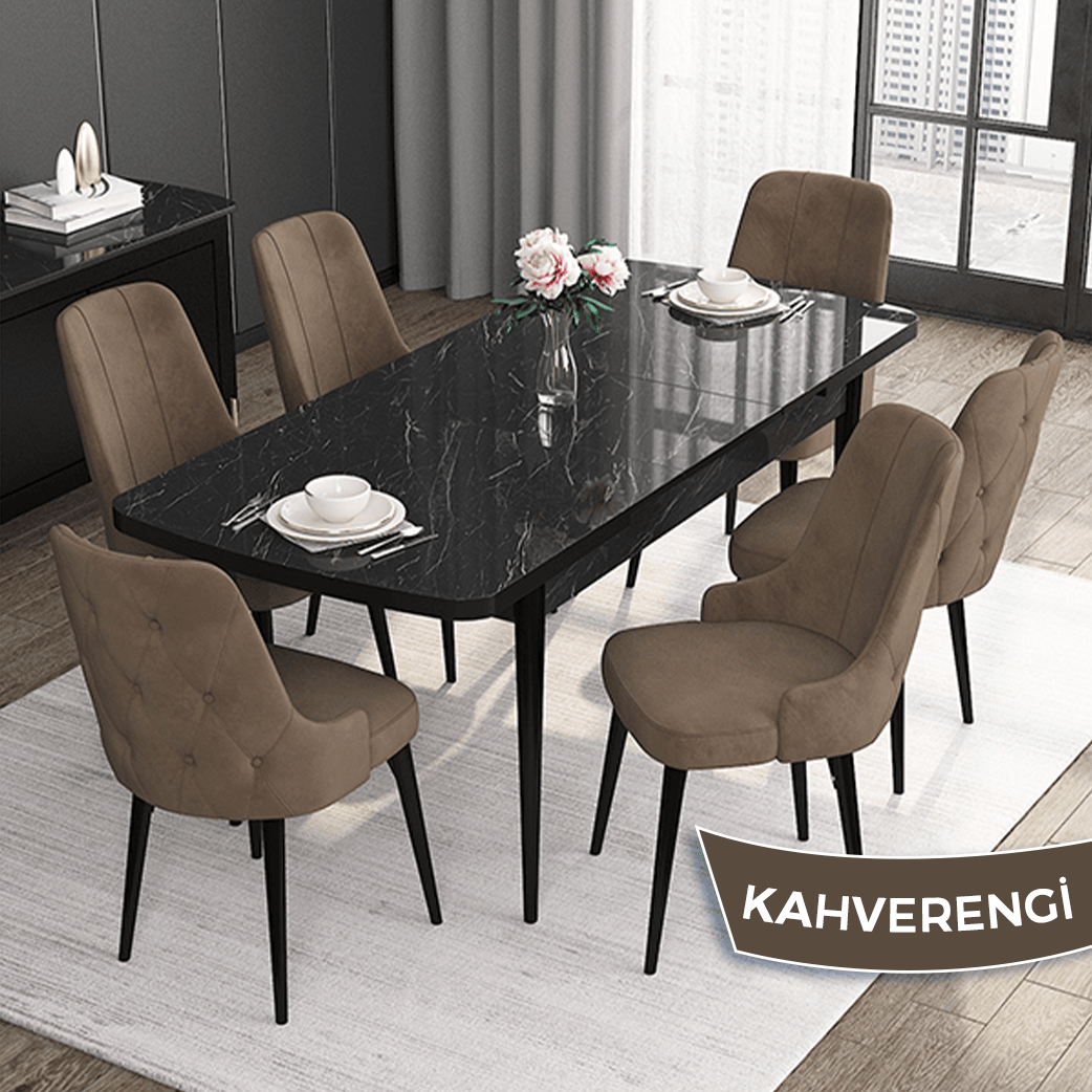 Kahve Sandalye Siyah Mermer Desen Masa