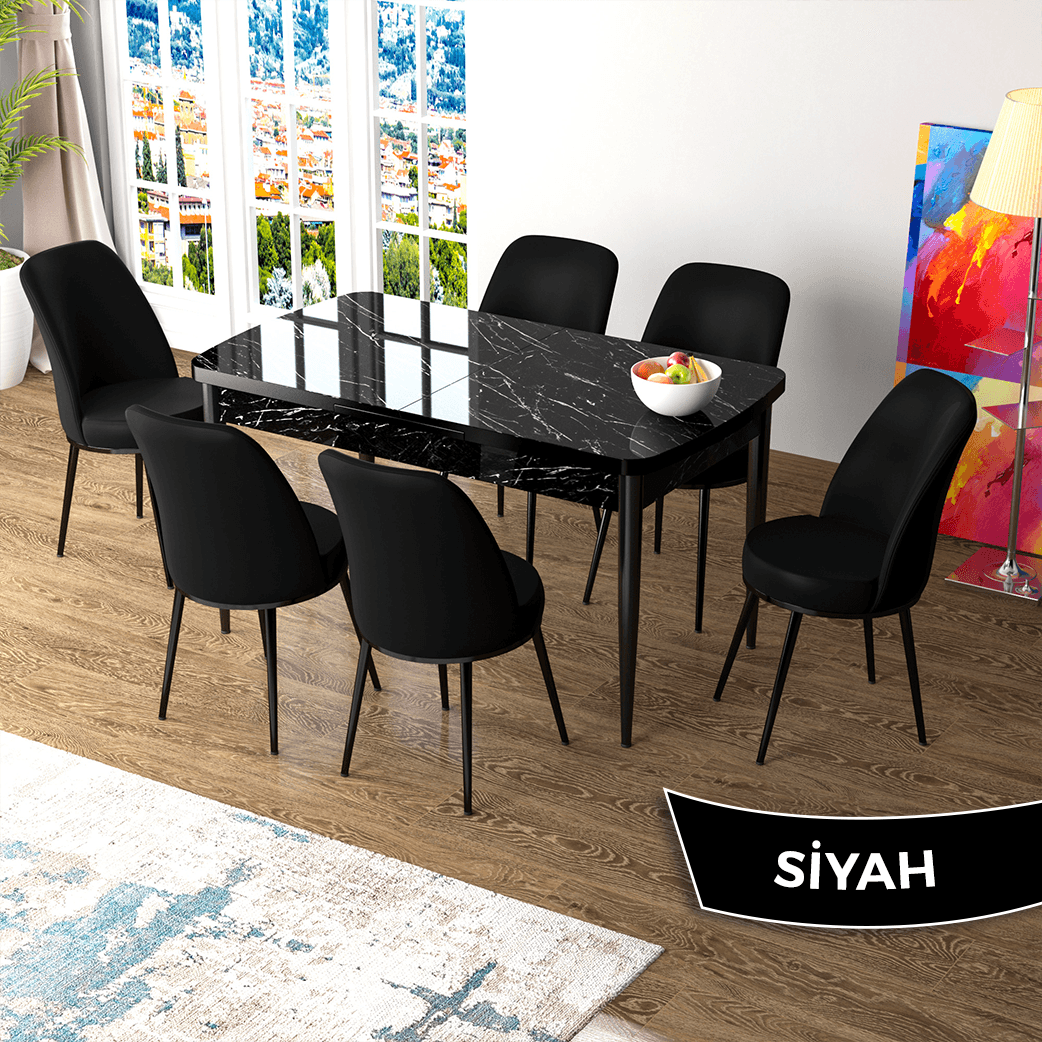 Siyah Sandalye Siyah Mermer Desen Masa