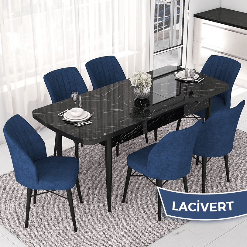 masa siyah mermer sandalye lacivert
