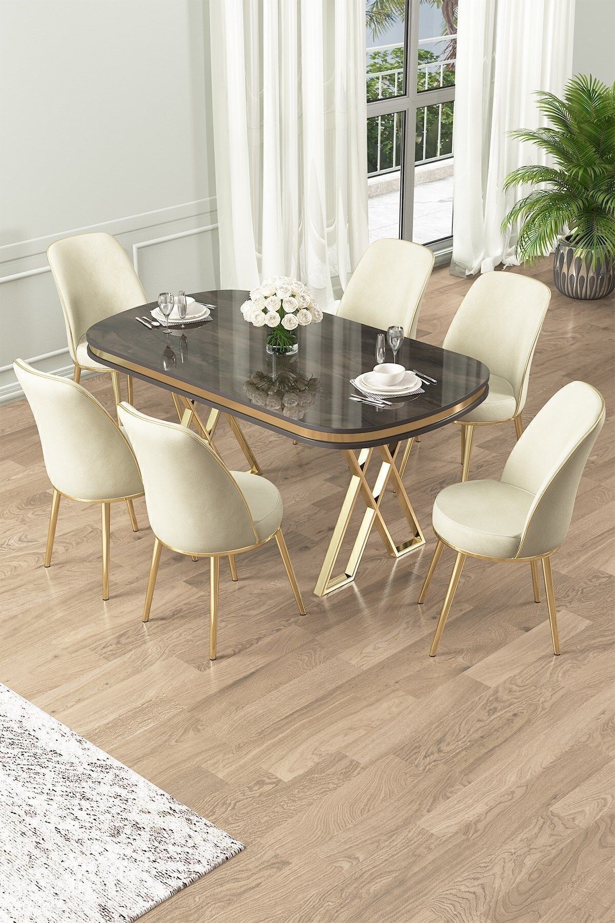 Lai Serisi 90x168 Lak Panel Antrasit İroni Masa ve 6 Sandalye Gold Kaplama Ayak