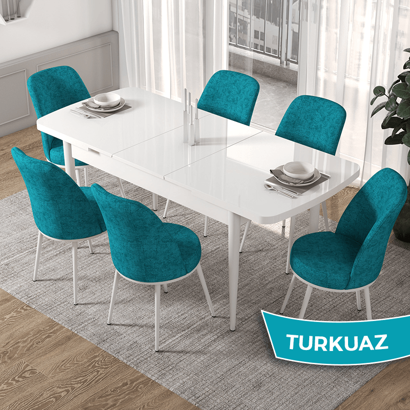 masa beyaz sandalyeler turkuaz