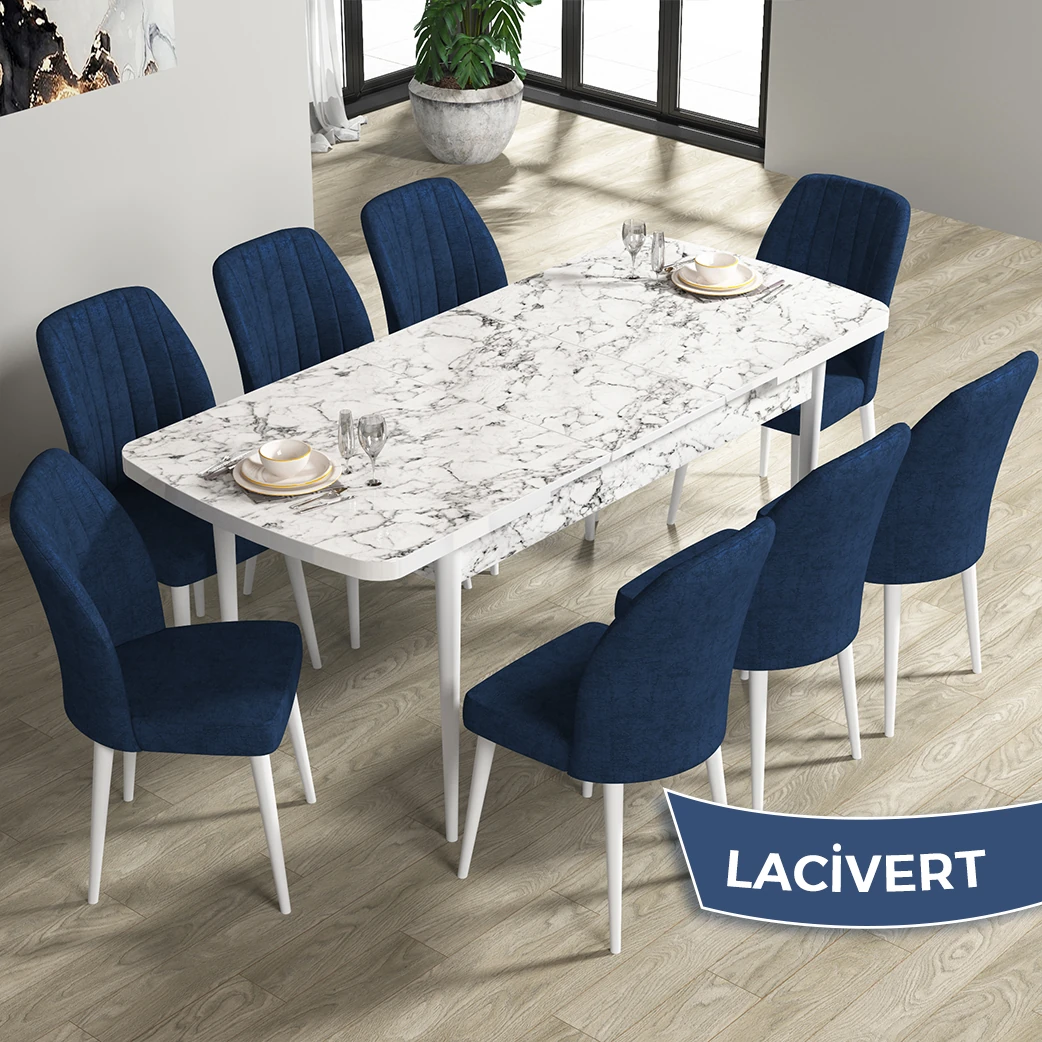 Beyaz Mermer Desen Masa Lacivert Renk Sandalye