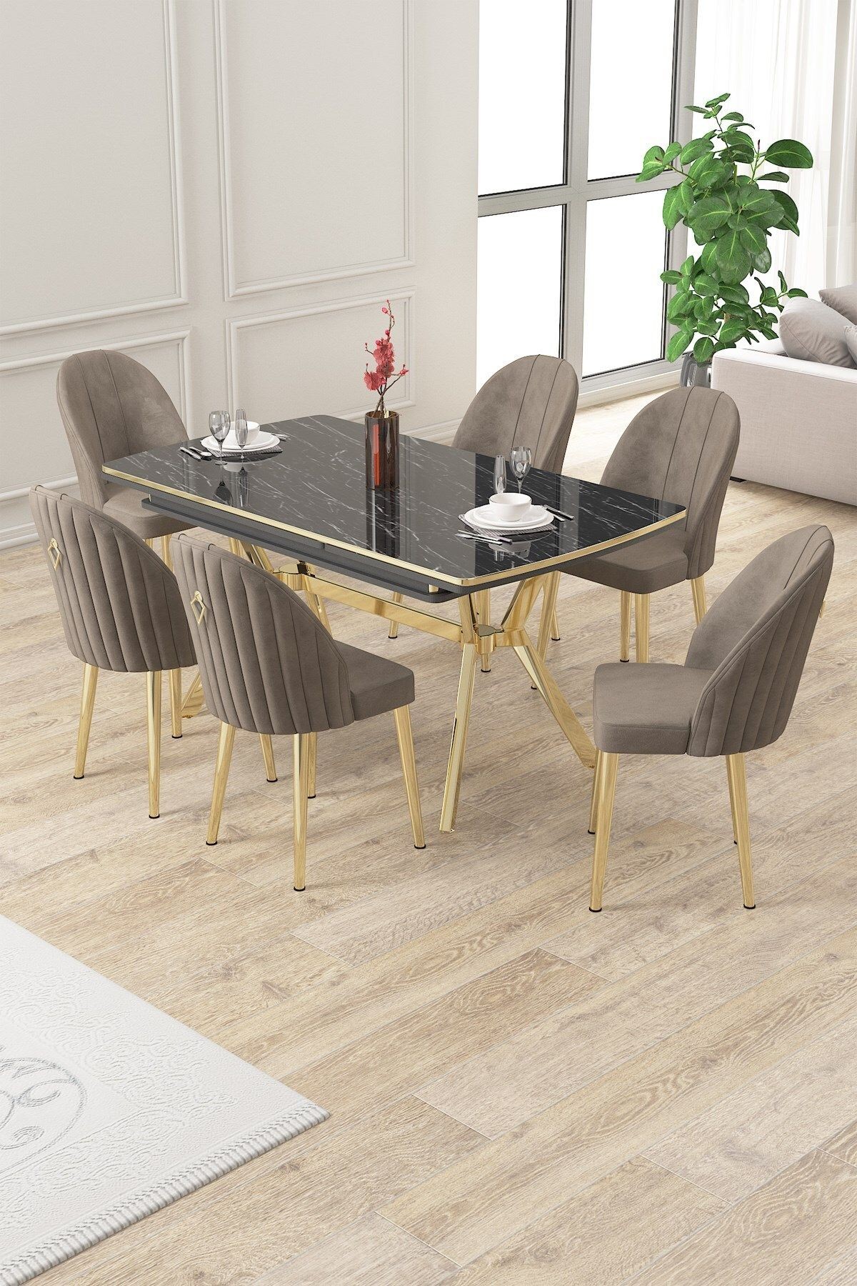 masa siyah mermer sandalye cappucino gold ayak