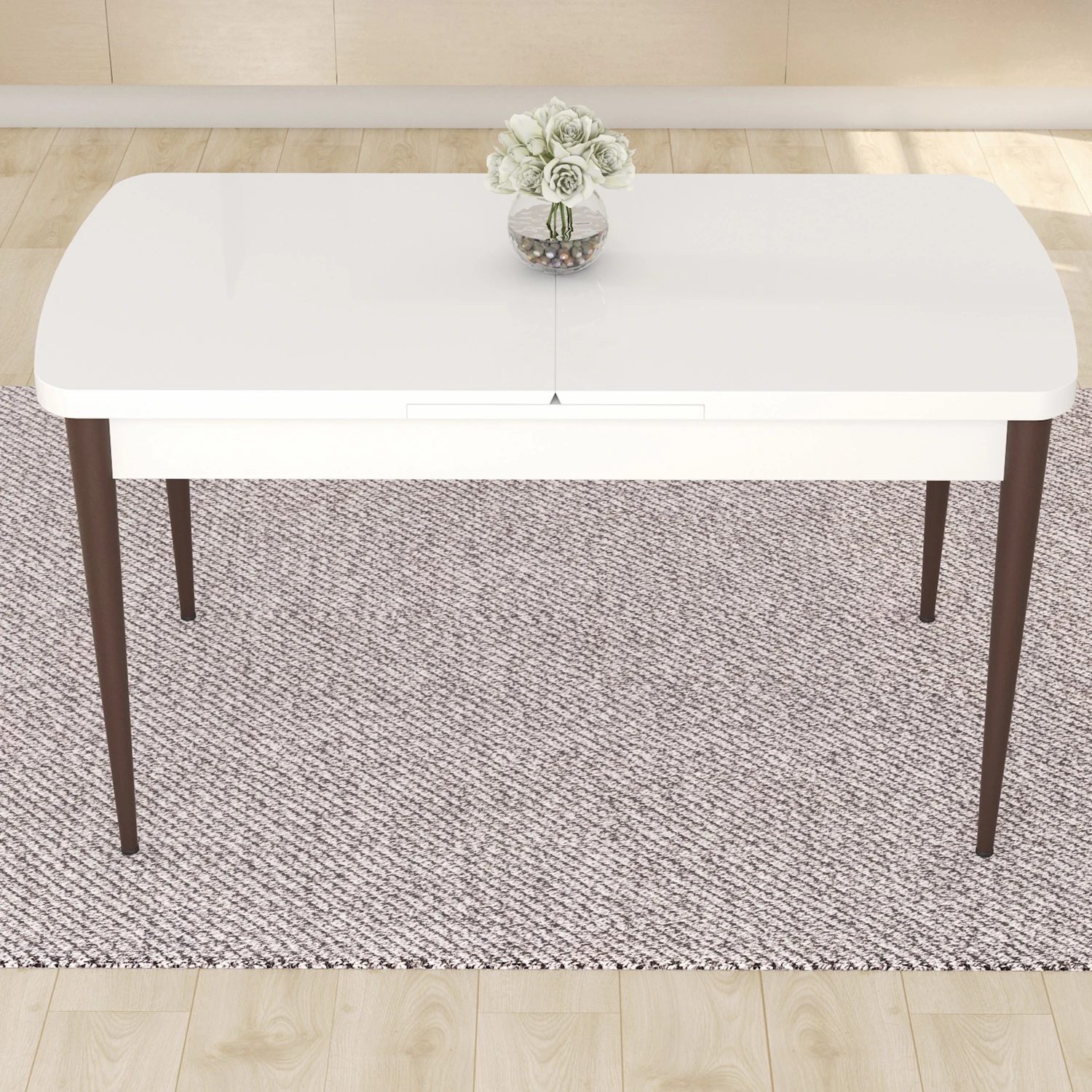 Taç Serisi 80x132 Açılabilir Gold Halka Beyaz Masa Ceviz Ayak Masa Takımı ve 4 Sandalye