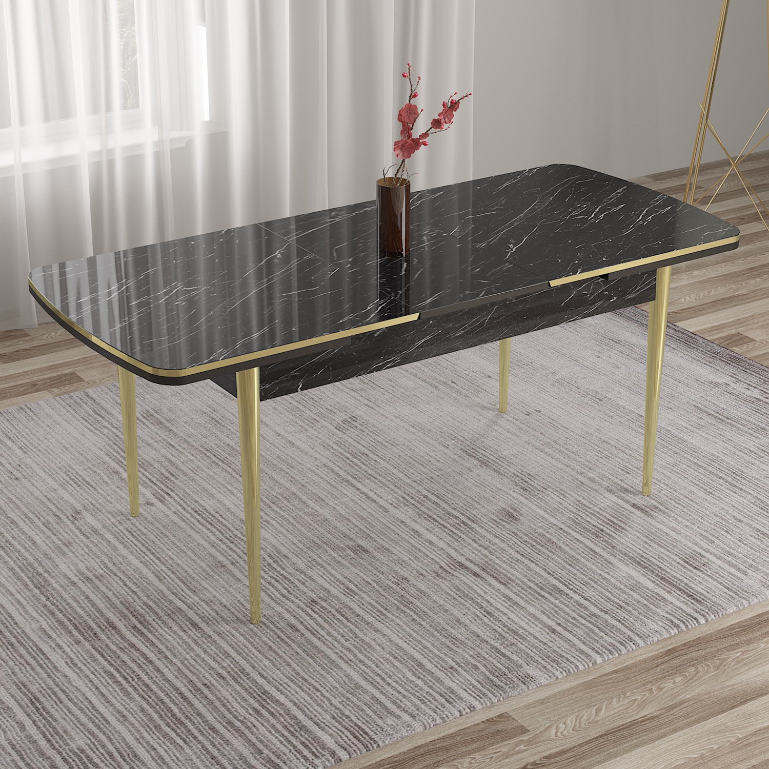 Nira Serisi 70x114 Mdf Siyah Mermer Desen Mutfak Masa Takımı 6 Sandalye Gold Detay