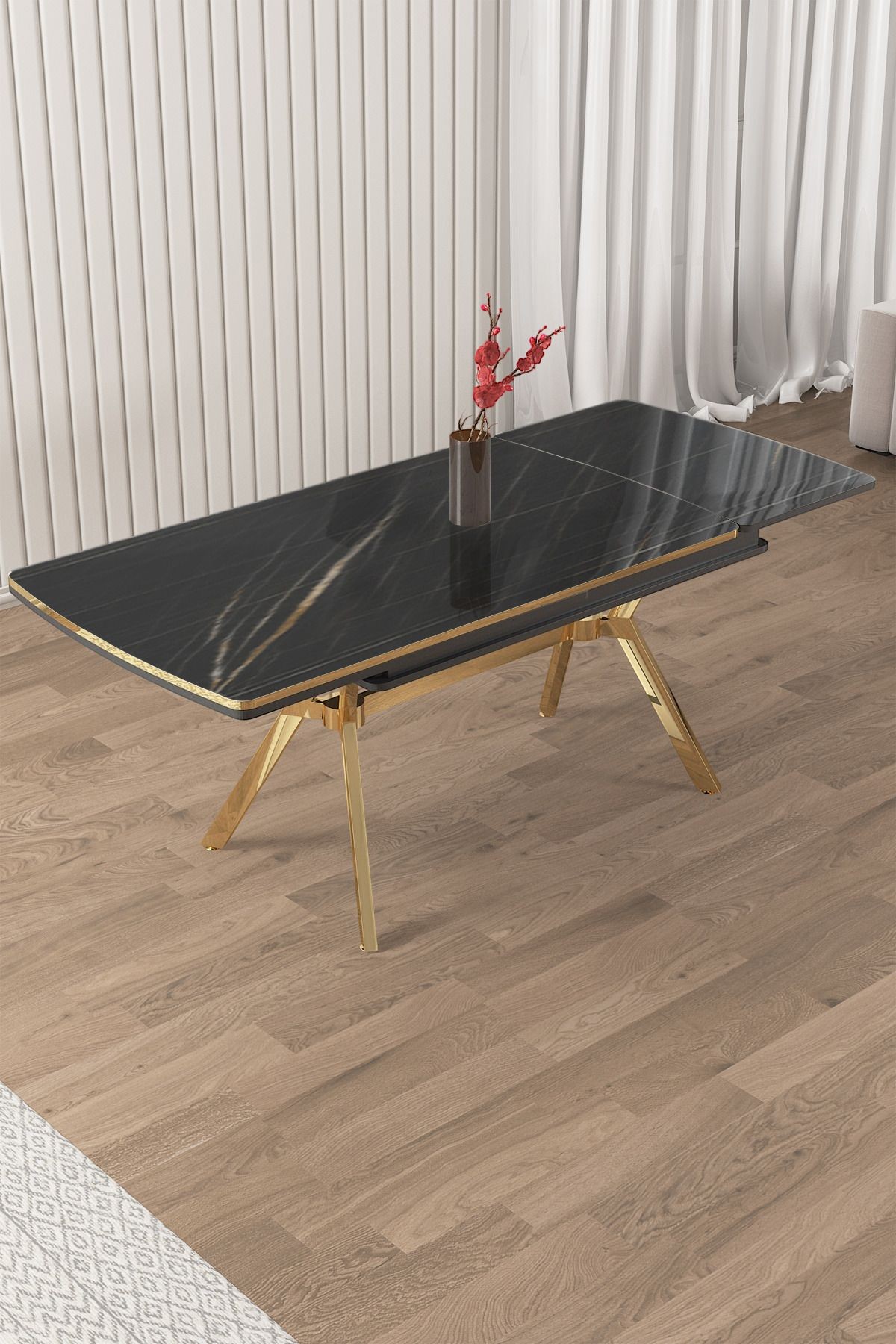 Weps Serisi 89x150 Açılabilir Lak Panel Siyah Mermer Desen Masa Gold Ayak