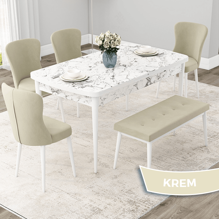 beyaz mermer desen masa krem sandalye