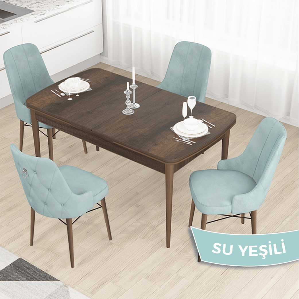 Taç Serisi 80x132 Açılabilir Gümüş Halka Barok Ahşap Desen Masa Takımı ve 4 Sandalye