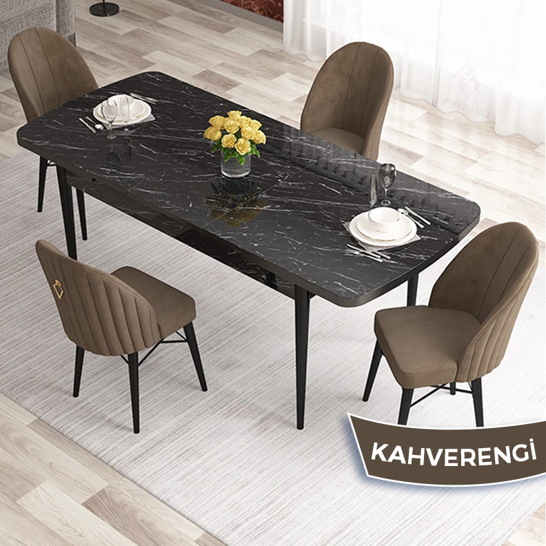 masa siyah mermer desen sandalye kahverengi