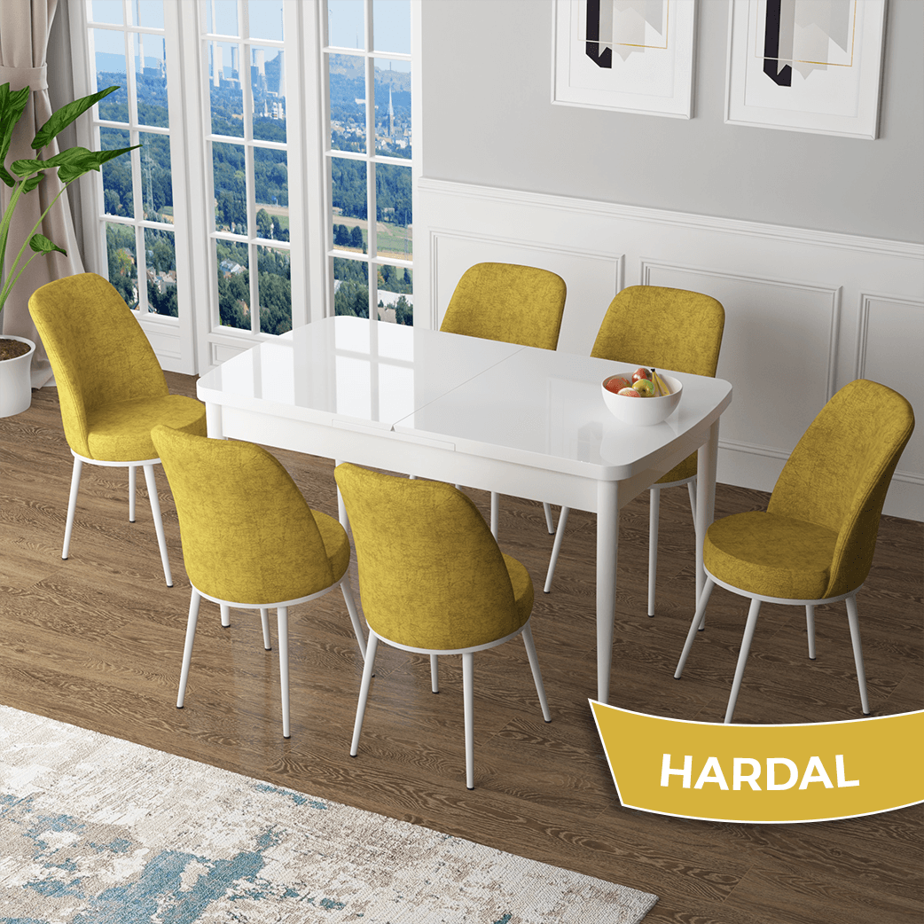 masa beyaz sandalyeler hardal