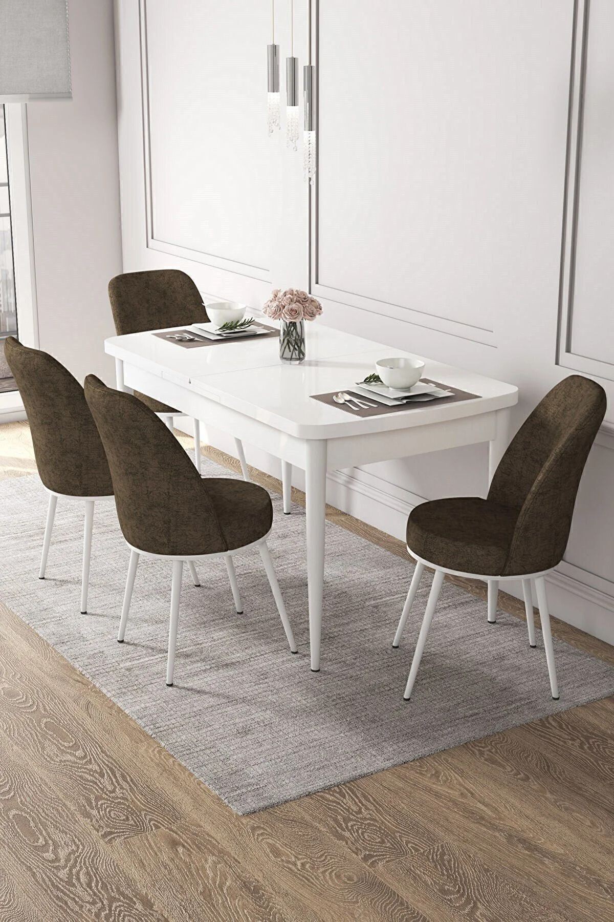 Kor Serisi 70x114 Açılabilir Beyaz Mutfak Masası Takımı ve 6 Sandalye