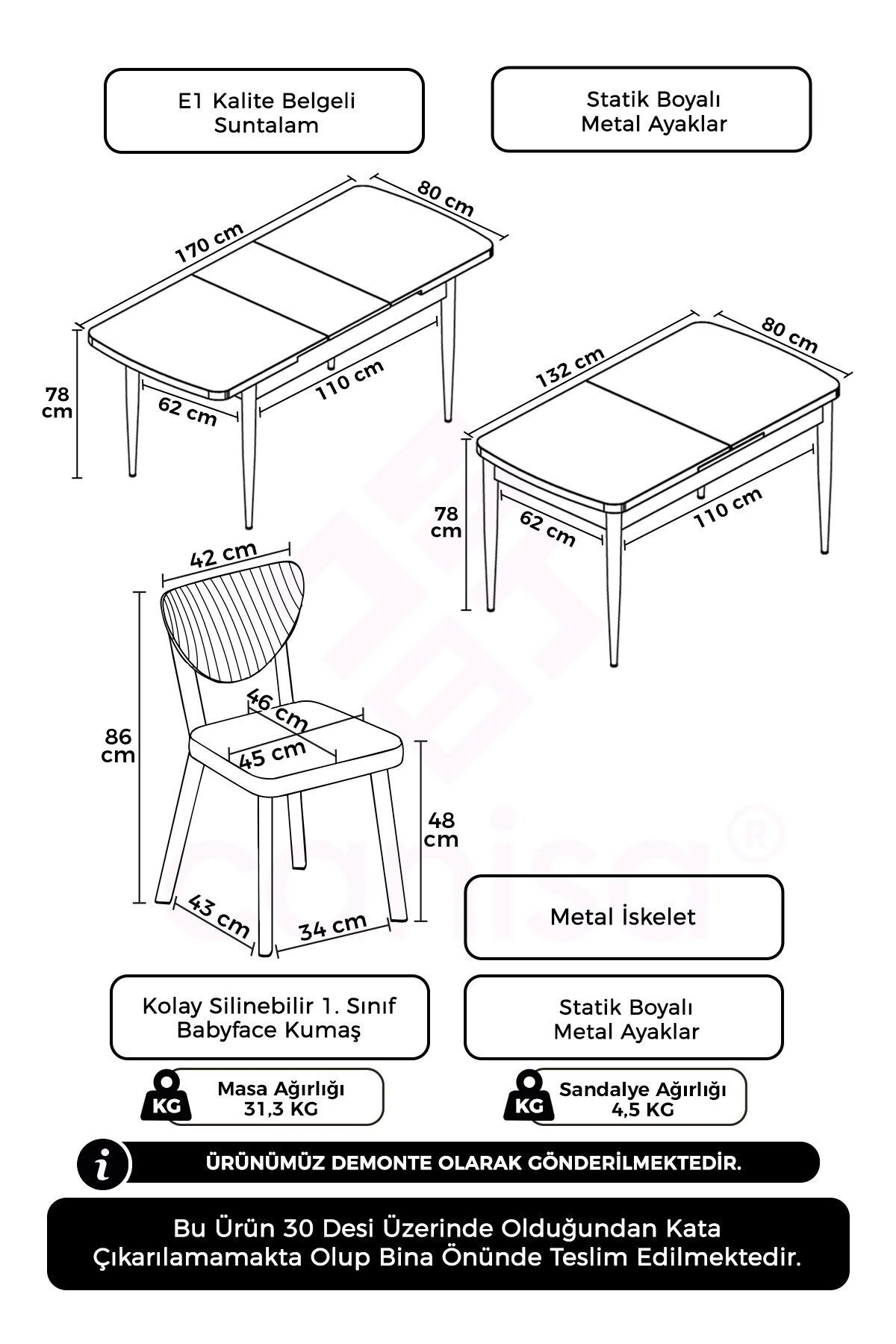 Exve Serisi 80x132 Açılabilir Siyah Mermer Desen Masa Takımı ve 6 Sandalye