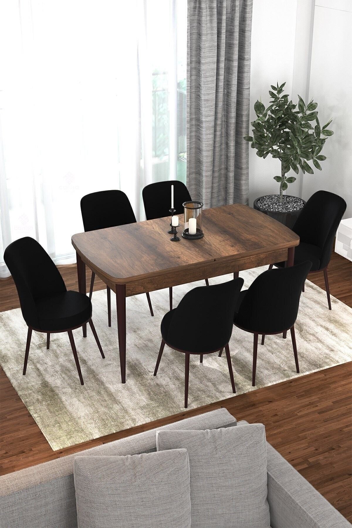 Kor Serisi 70x114 Açılabilir Barok Ahşap Desen Mutfak Masası Takımı ve 6 Sandalye
