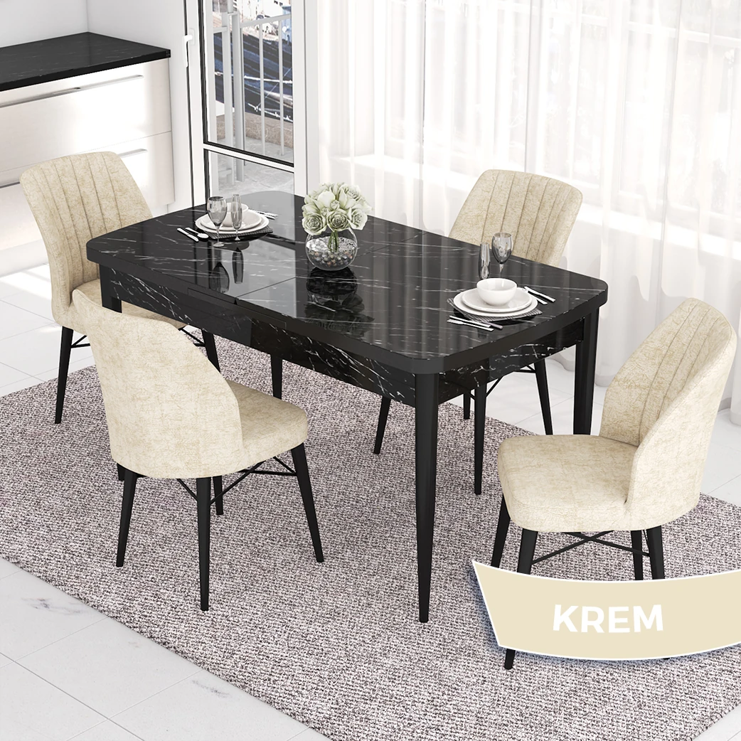 Masa Siyah Mermer Desen Krem Sandalye