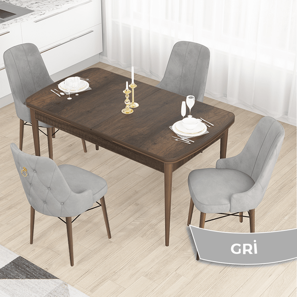 Taç Serisi 80x132 Açılabilir Gold Halka Barok Ahşap Desen Masa Takımı ve 4 Sandalye