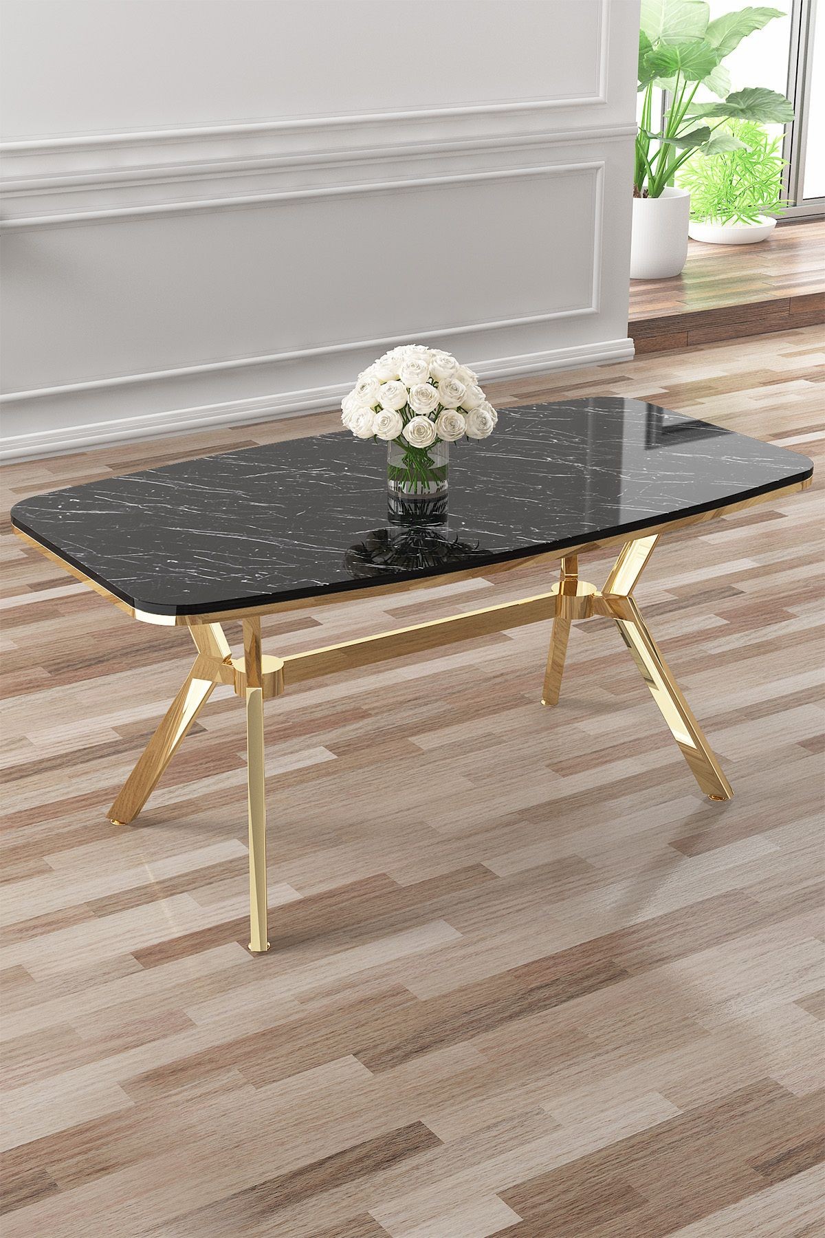 Esla Serisi 90x160 Lak Panel Sonata Masa ve 6 Sandalye Gold Kaplama Ayak