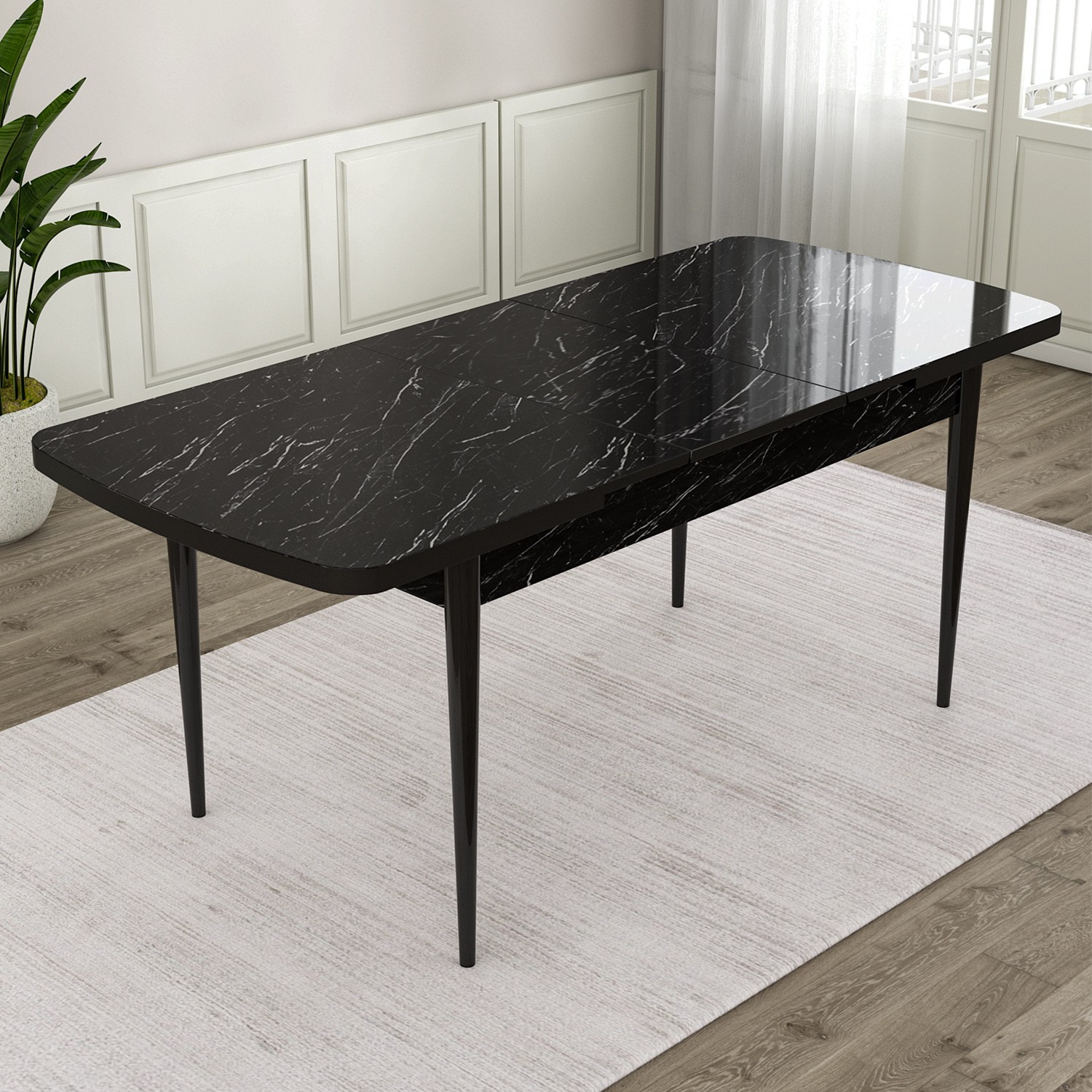 Ram Serisi 80x132 Açılabilir Siyah Mermer Desen Masa Takımı ve 6 Sandalye