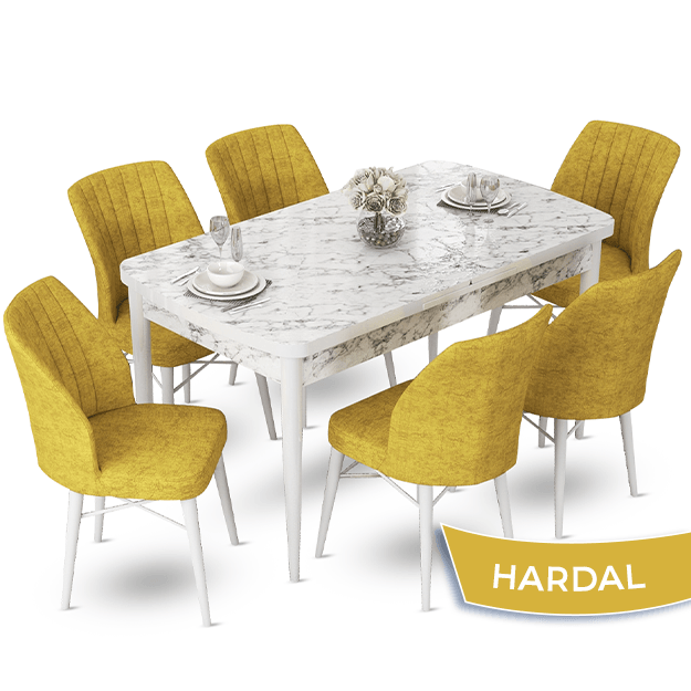 masa beyaz sandalyeler hardal sarısı