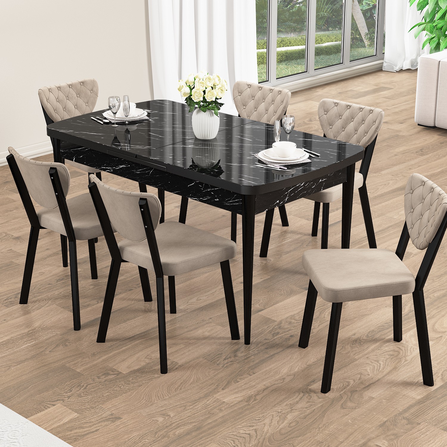 Rim Serisi 80x132 Açılabilir Siyah Mermer Desen Mutfak Masası Takımı Ve 6 Sandalye