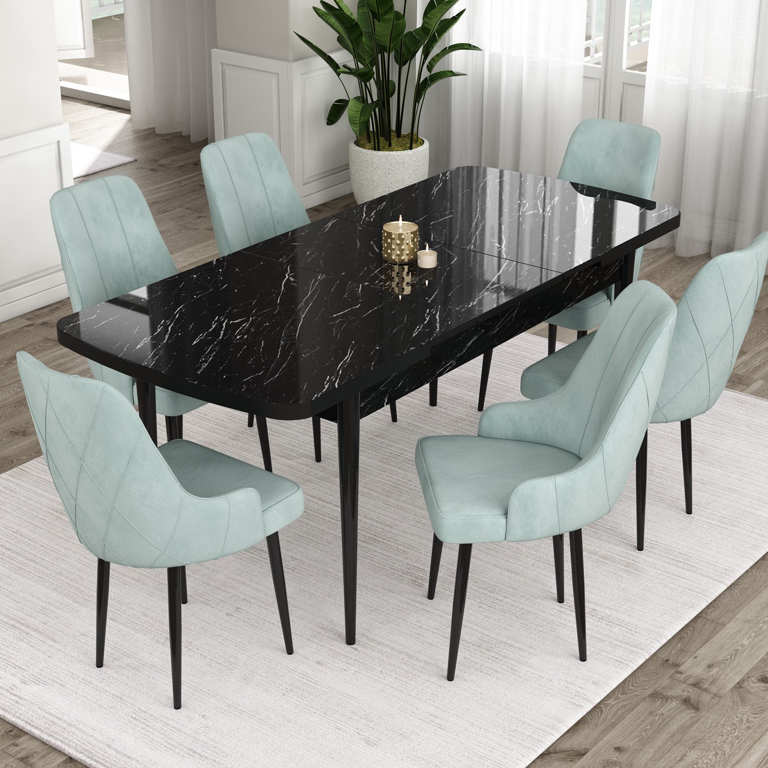 Ram Serisi 80x132 Açılabilir Siyah Mermer Desen Masa Takımı ve 6 Sandalye