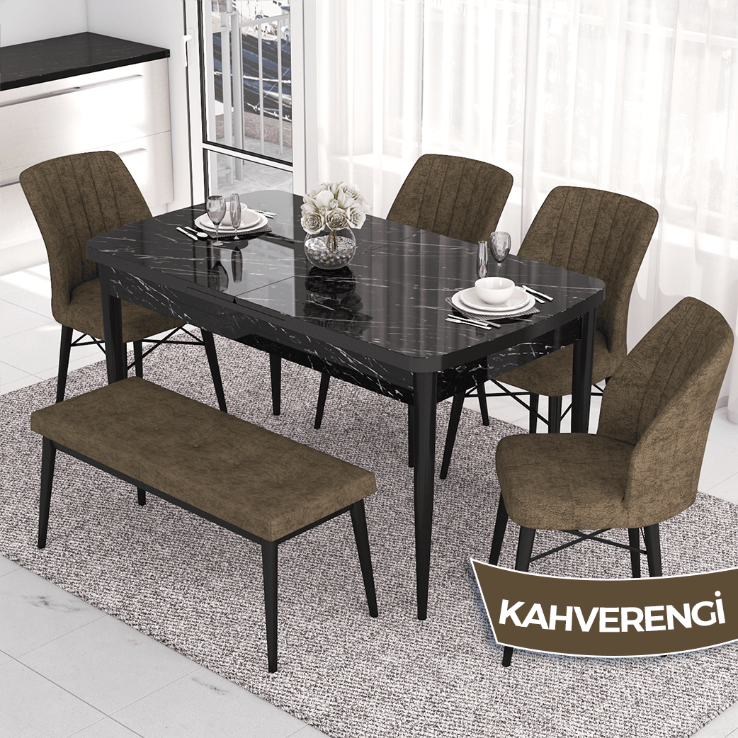 masa siyah mermer desen sandalyeler ve bench kahve