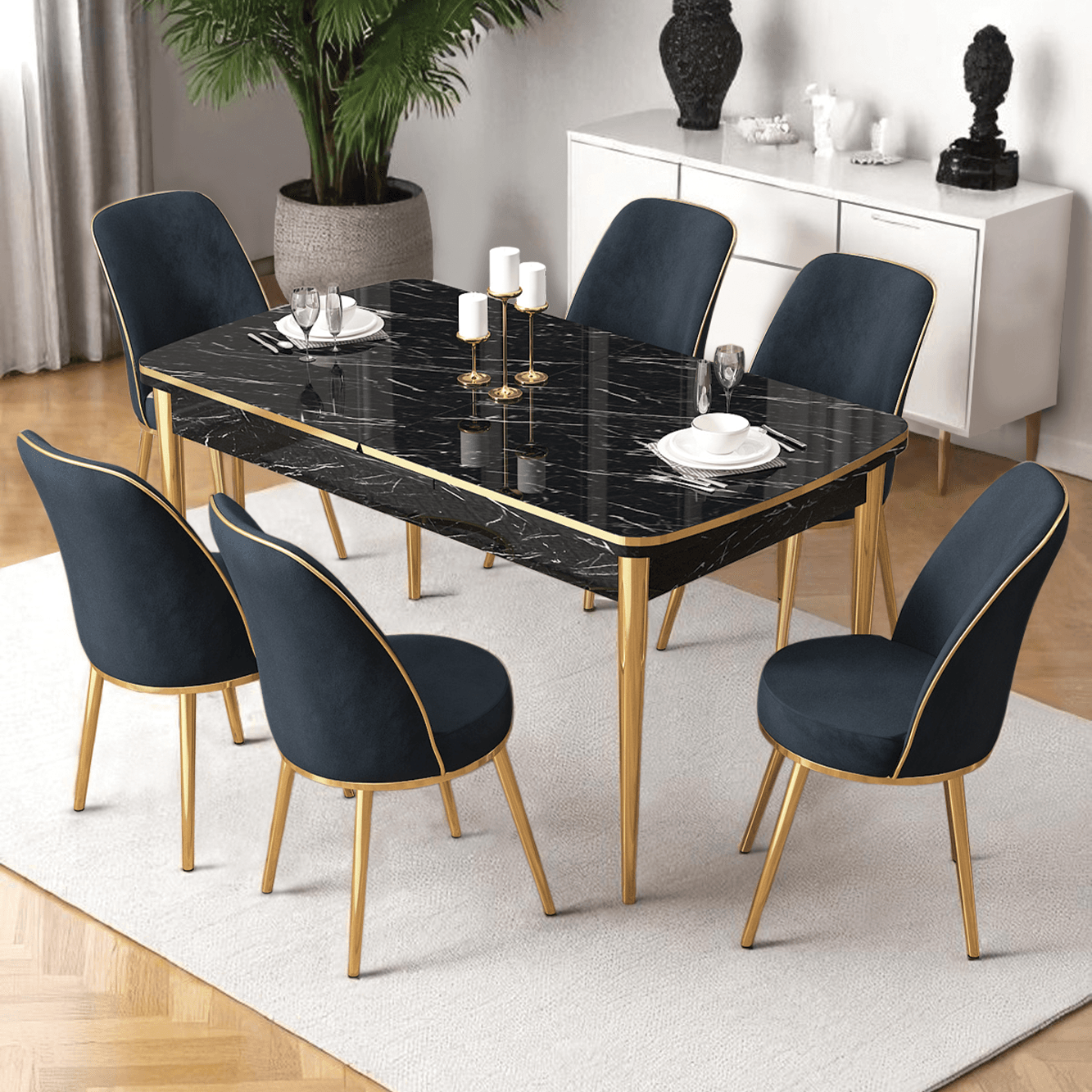 Nira Serisi 70x114 Mdf Siyah Mermer Desen Mutfak Masa Takımı 6 Sandalye Gold Detay