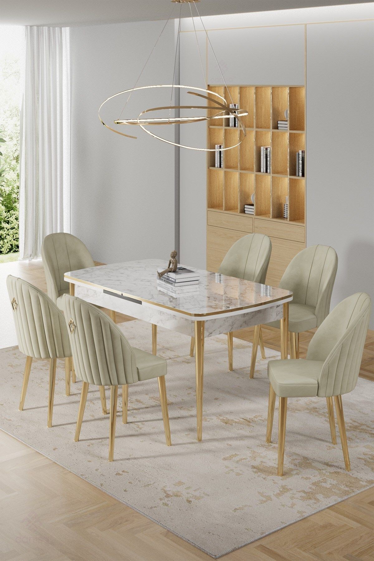 Rada Serisi 80x132 Açılabilir Lak Panel Beyaz Mermer Desen Masa ve 6 Sandalye Gold Kaplama Ayak