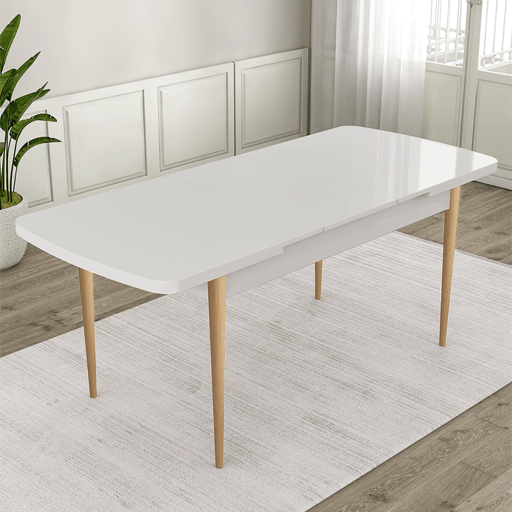 Ves Serisi 80x132 Açılabilir Mdf Beyaz Masa Doğal Ahşap Ayak Masa Takımı Ve 4 Sandalye