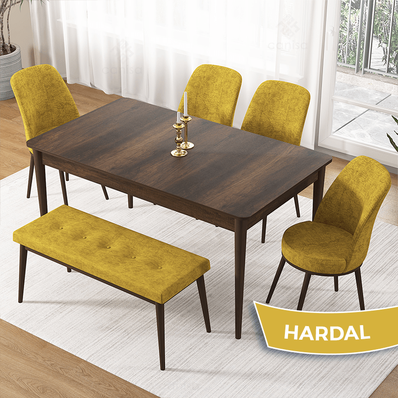 masa barok sandalye ve bench hardal ayak kahve