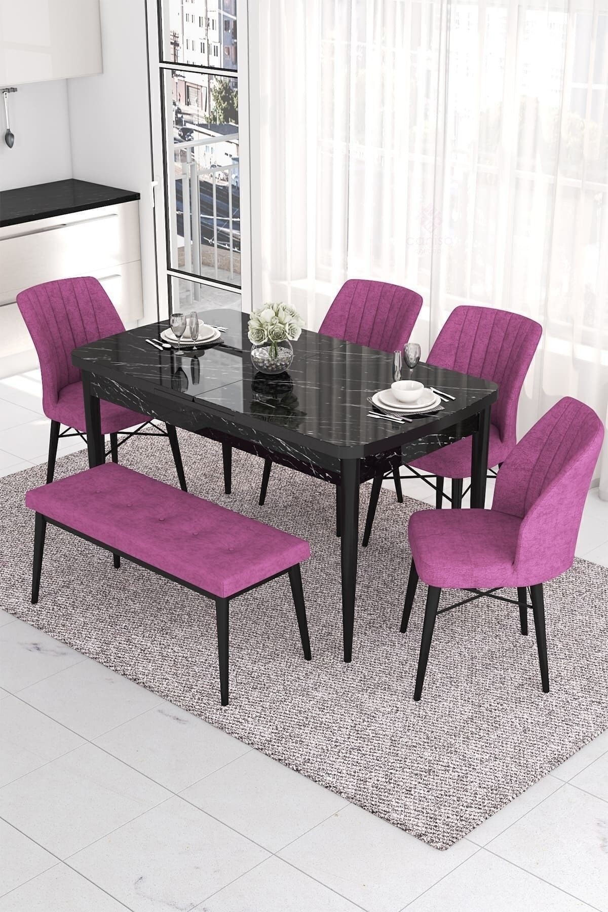 masa siyah mermer sandalye ve bench mor