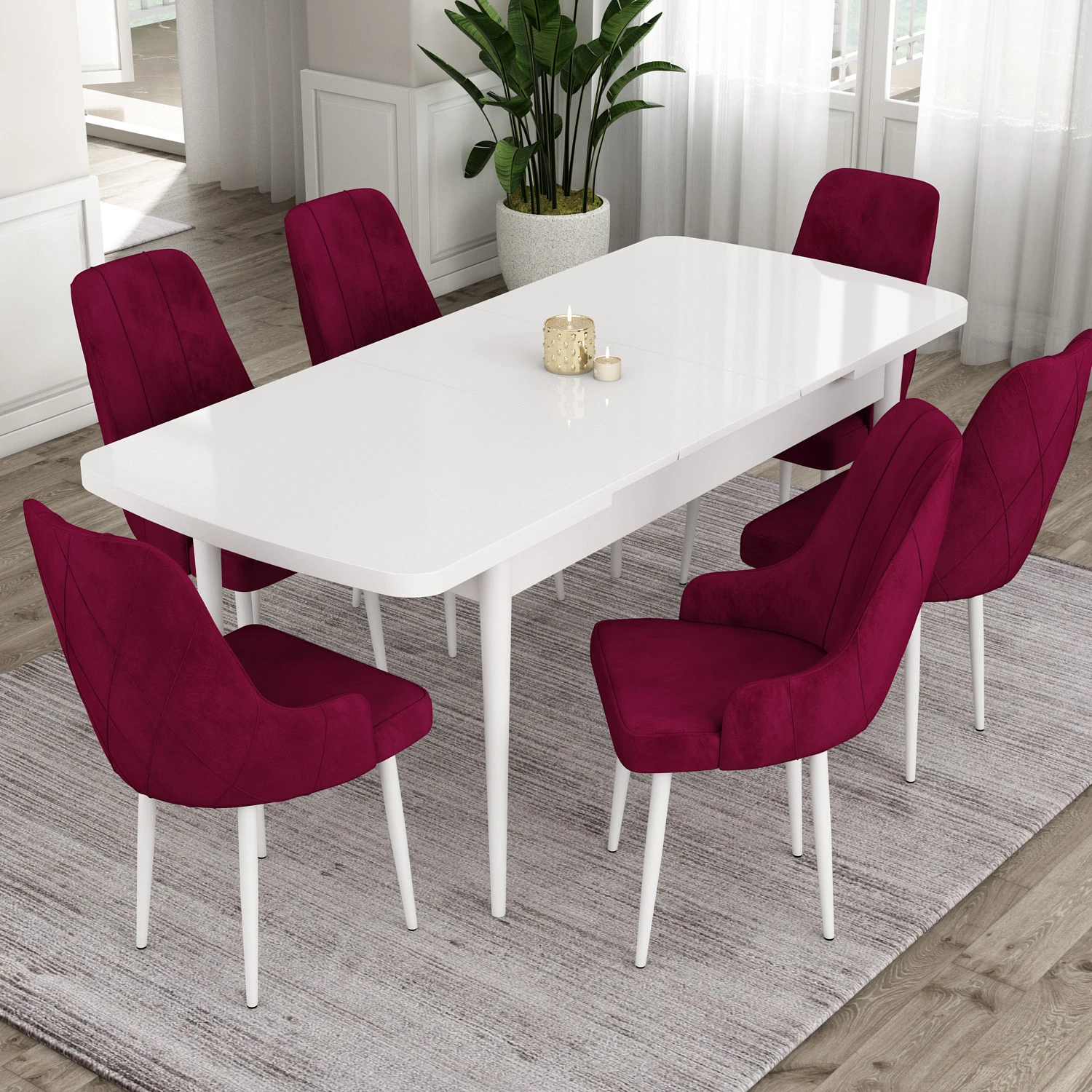 beyaz masa sandalye mürdüm