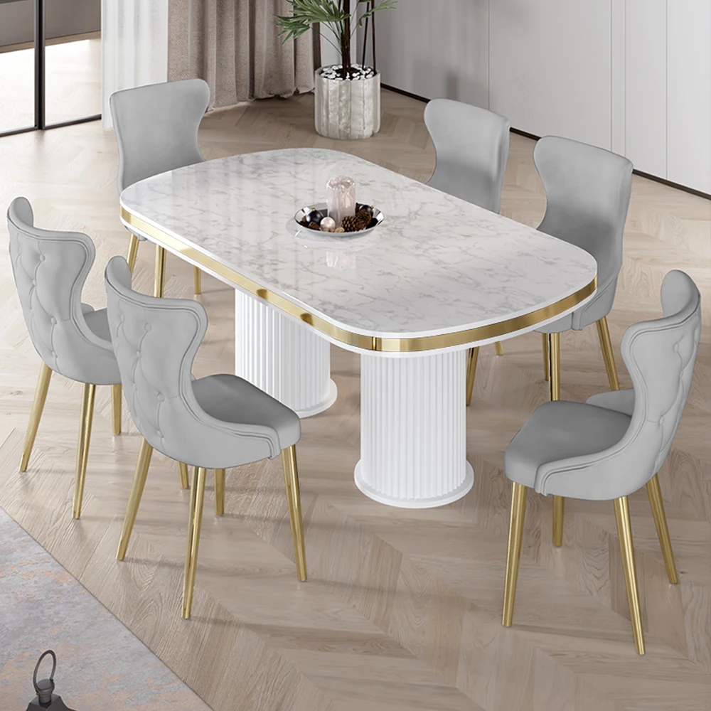 Galya Serisi Lak Panel 90x168 Sabit Beyaz Mermer Desen Mutfak Masa Takımı 6 Sandalye